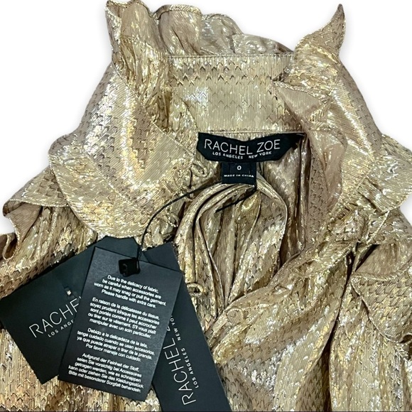 NWT Rachel Zoe Metallic Gold Ruffle High Neck Mini Dress sz 0 - Picture 4 of 12